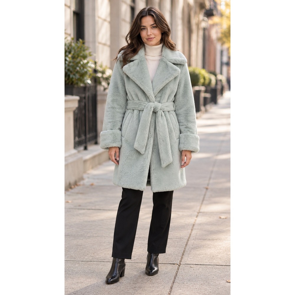 Halogen Atlantic-Pacific Faux Fur Coat XS Mint Blue Belted Glam HA424619MI